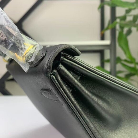 Handmade Genuine Leather Kelly 25 Black Top Handle Bag - Picture 10 of 12